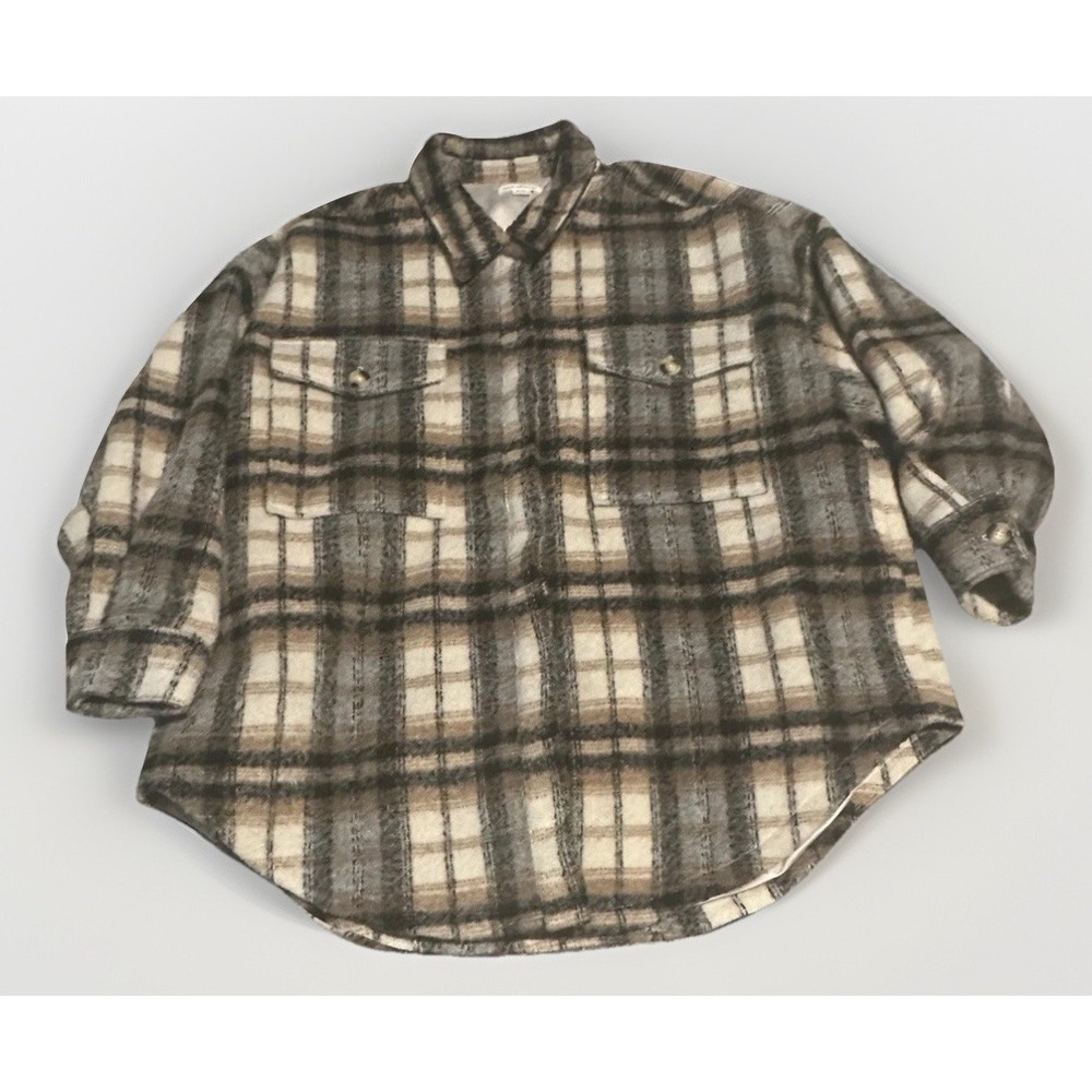 Good American Oversized Shacket Women 5/6 Plaid Fuzzy Wool Blend Black Gray Gold